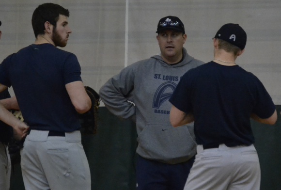 Head Coach Scott Goodrich talks to players during practice. Goodrich took over the head coaching job after former Head Coach Tony Dattoli stepped down from the coaching position. PHOTO | DAVID KLOECKENER