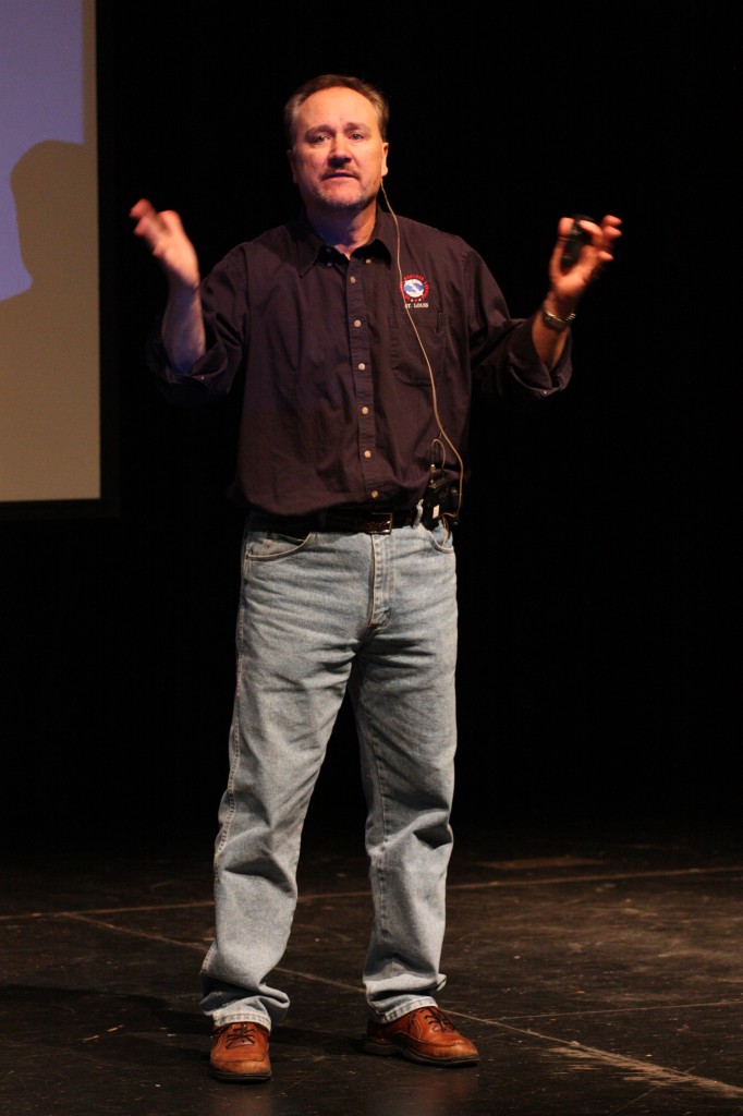 Jim Kramper, guest speaker and warning coordinator for the National Weather Service talks to audience members in the Meramec Theatre. PHOTO: CASSIE KIBENS