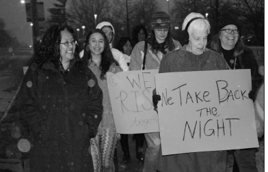 Pam McIntyre, president of STLCC-Meramec, leads the Take Back the Night walk around Meramec’s campus March 24. | PHOTO: CASSIE KIBENS