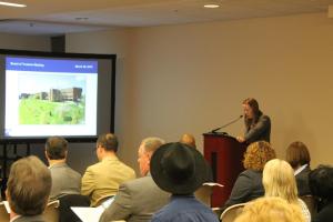 Meramec professor Emily Neal speaks out against increases to employee insurance contributions at the March 23 Board of Trustees meeting. The board ultimately voted to approve the 21.3 percent increase despite commentary from others including Trustee Pam Ross. Photo by Noah Sliney