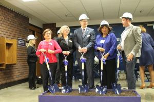 Chancellor Jeff Pittman (center) 'breaks ground' with Board of Trustees at March 23 ceremony celebrating the beginning of construction on the Center for Nursing and Health Sciences. The new building will house several upgrades to STLCC Forest Park's current nursing and health science programs including new equipment and labs.